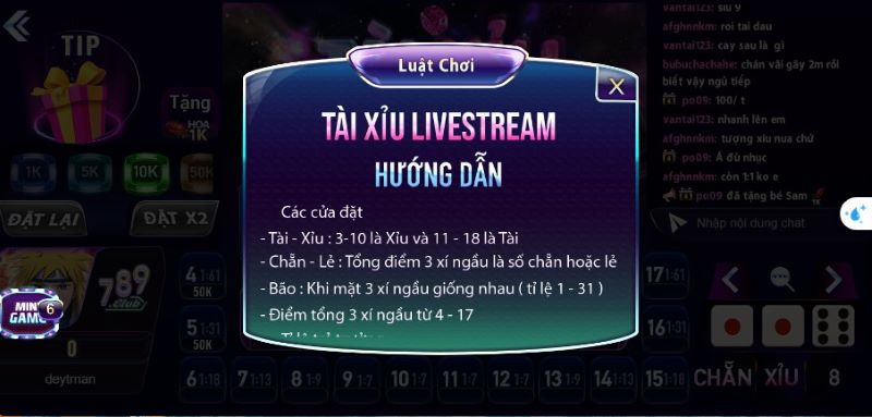 Luật chơi game tài xỉu livestream 789club